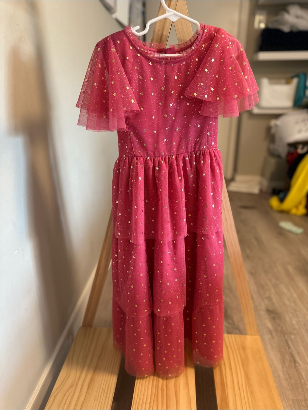 Mini Boden Pink Tiered Tulle Dress with Gold Stars